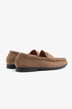 Beige apron toe suede loafers