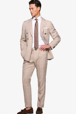 Beige check double-breasted suit blazer