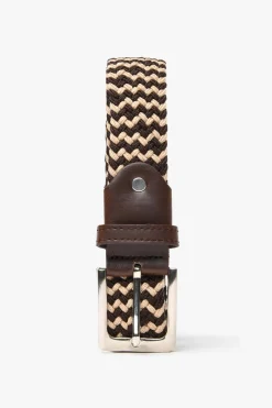 Beige/dark brown two-tone woven elastic belt
