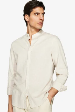 Beige linen blend mandarin collar shirt