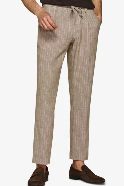 Beige pinstriped linen blend drawstring trousers