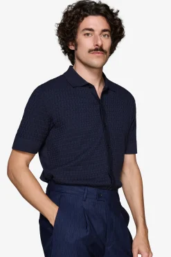 Blue brick-stitch knit shirt