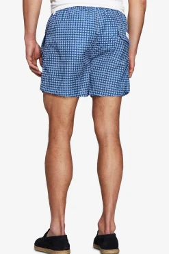 Blue geometric print swim trunks