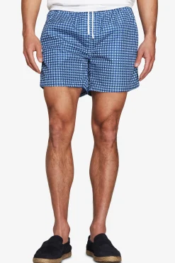 Blue geometric print swim trunks