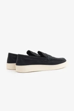 Blue suede apron toe loafers