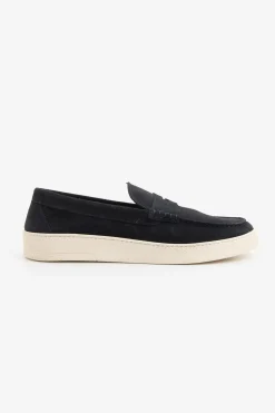 Blue suede apron toe loafers