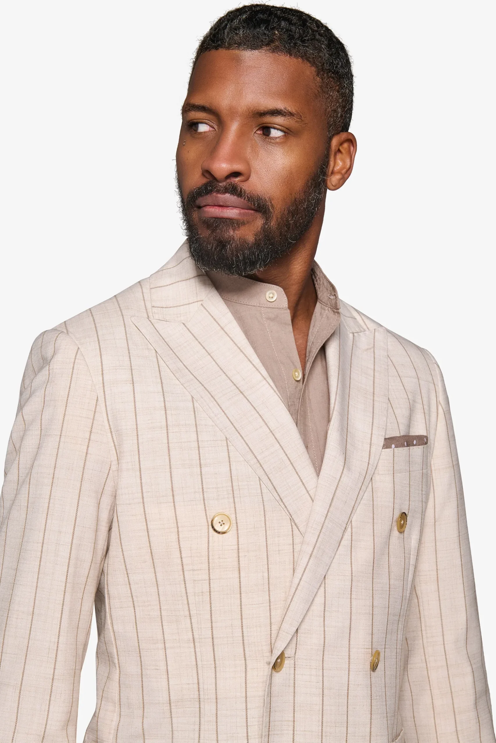 Cream melange pinstripe double-breasted suit blazer