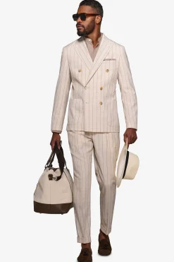 Cream melange pinstripe double-breasted suit blazer