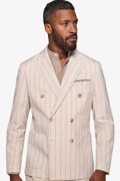 Cream melange pinstripe double-breasted suit blazer