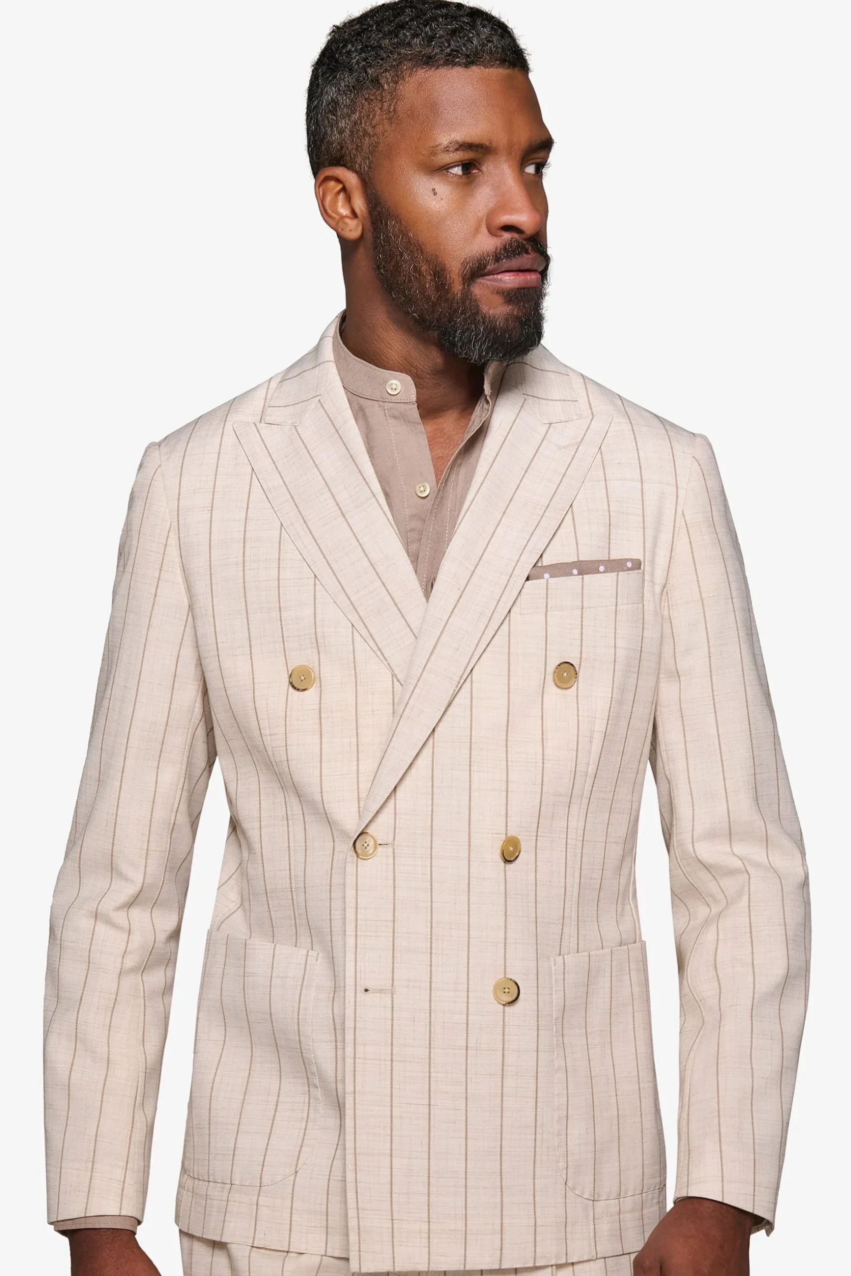 Cream melange pinstripe double-breasted suit blazer