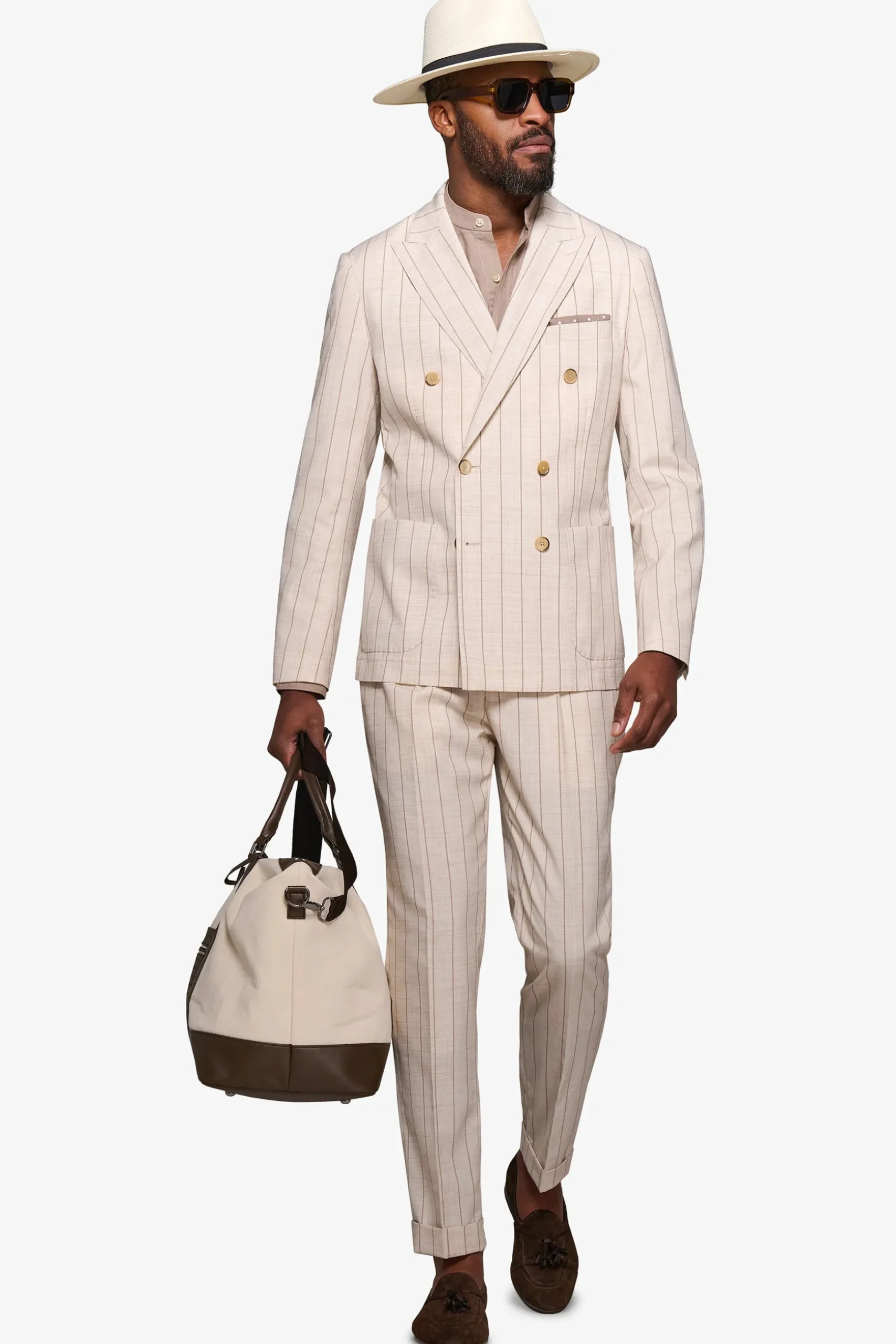 Cream melange pinstripe double-breasted suit blazer