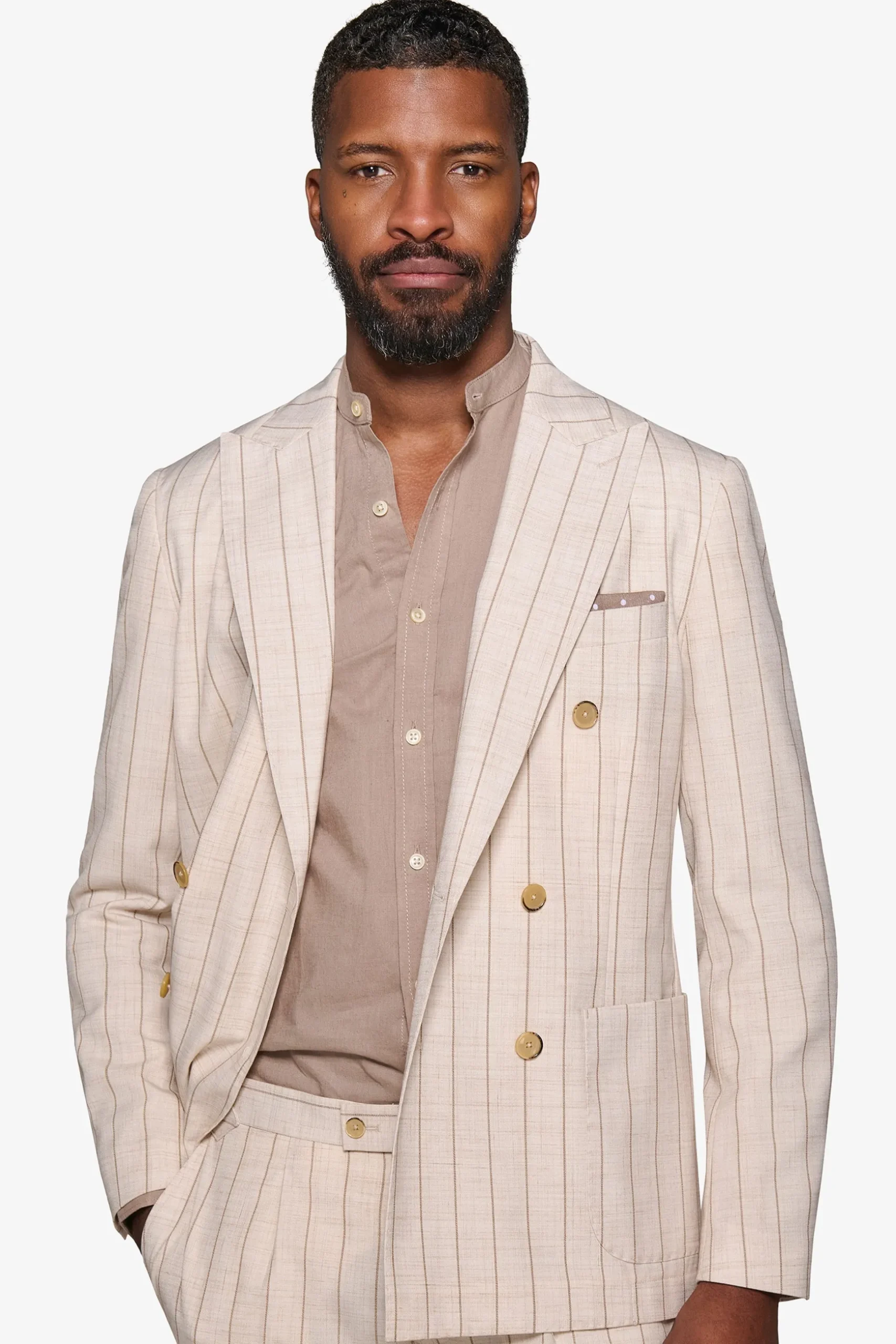 Cream melange pinstripe double-breasted suit blazer