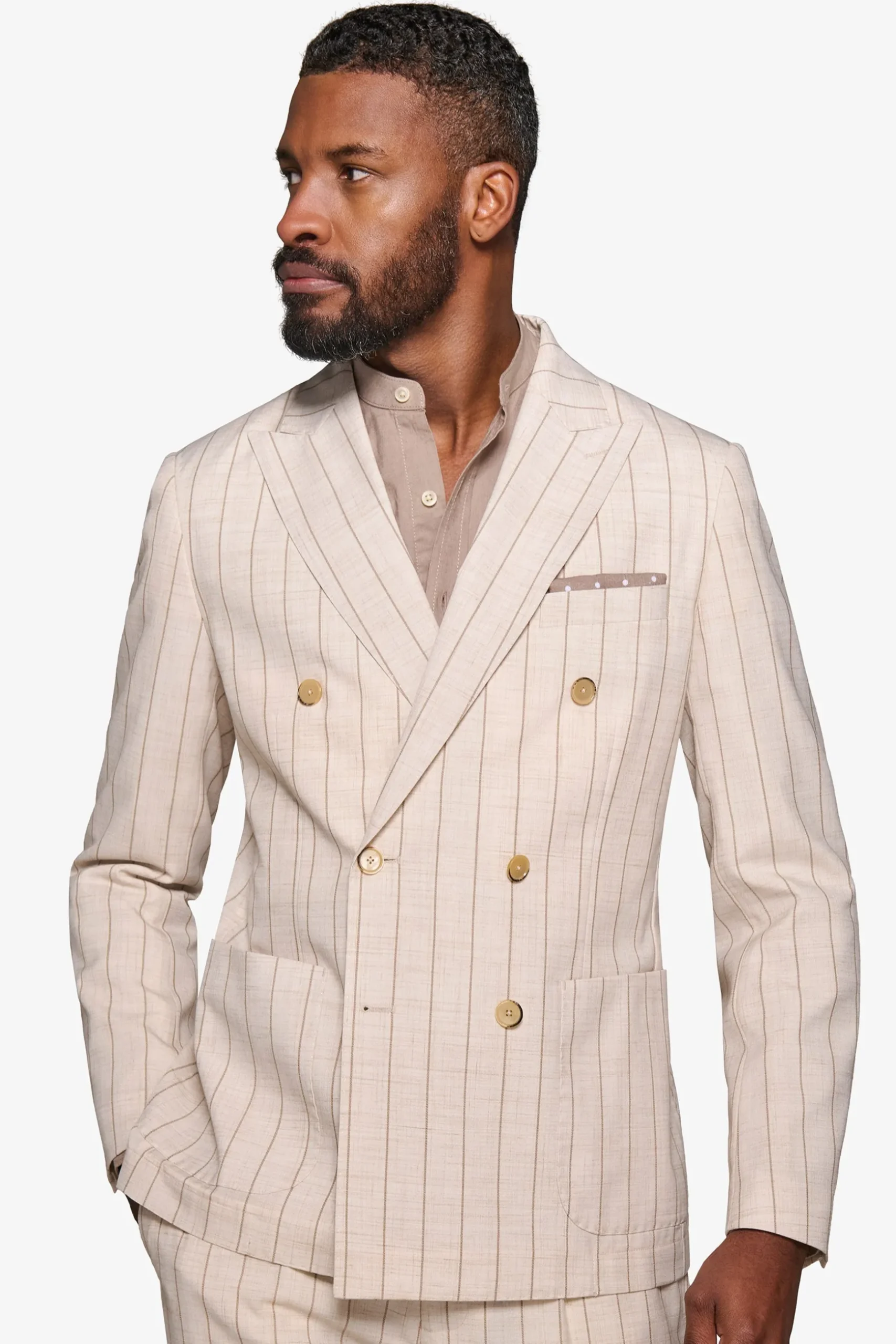 Cream melange pinstripe double-breasted suit blazer