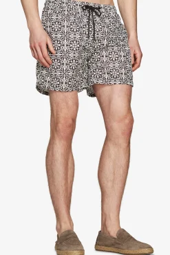 Dark brown ethnic print swim trunks