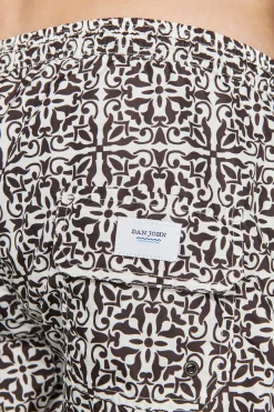 Dark brown ethnic print swim trunks