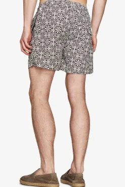 Dark brown ethnic print swim trunks