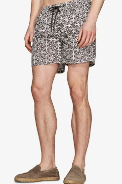 Dark brown ethnic print swim trunks
