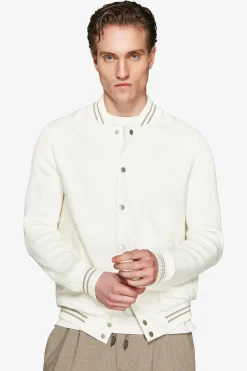 DNJ Cream dual material linen blend bomber jacket