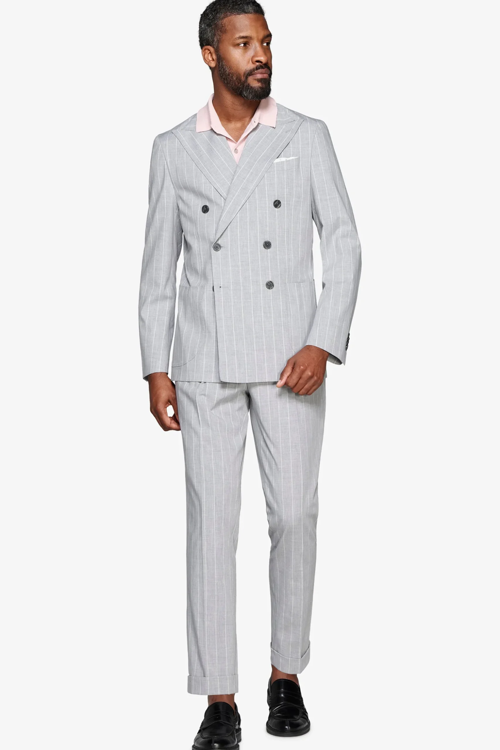 Gray double-breasted pinstripe blazer