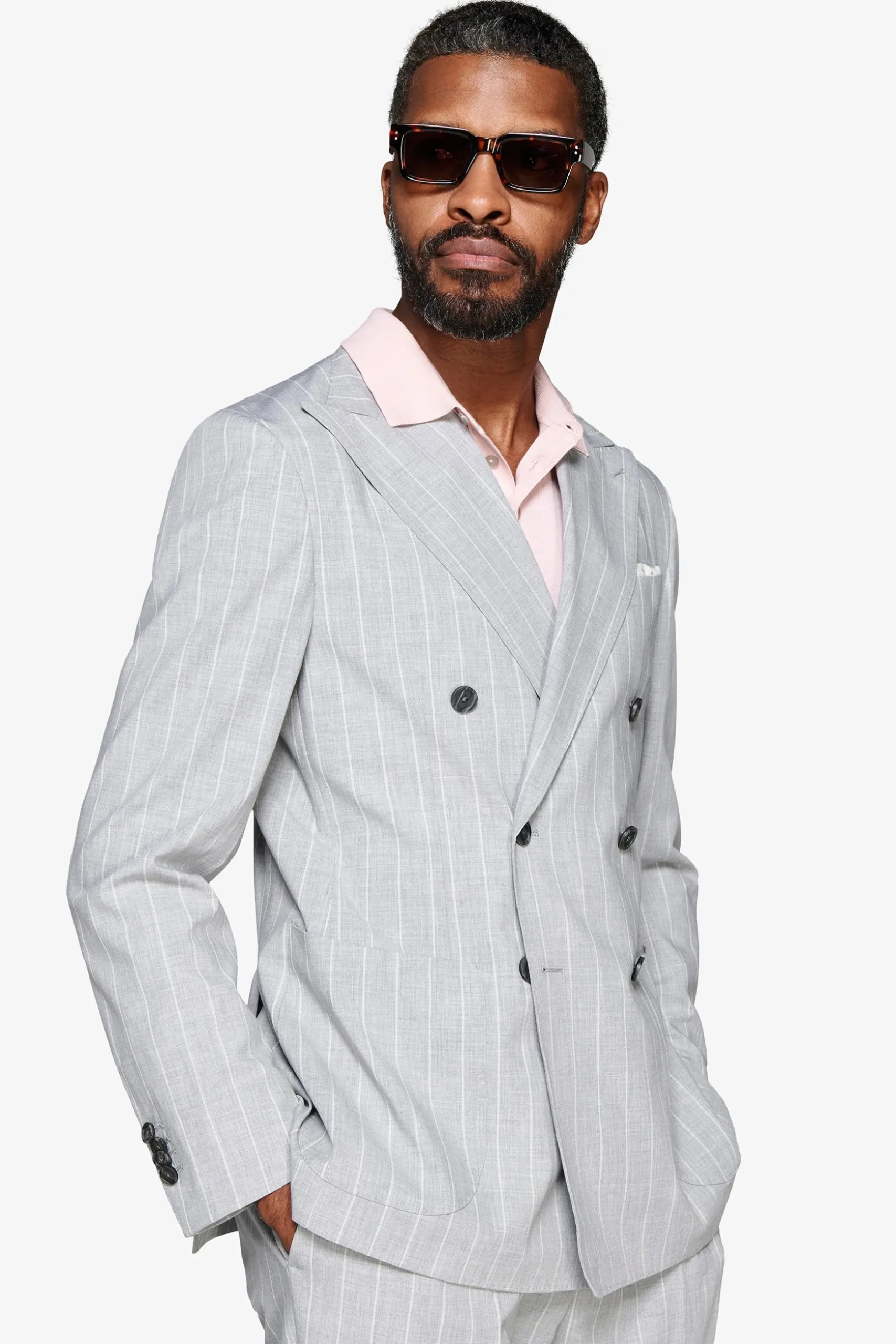 Gray double-breasted pinstripe blazer