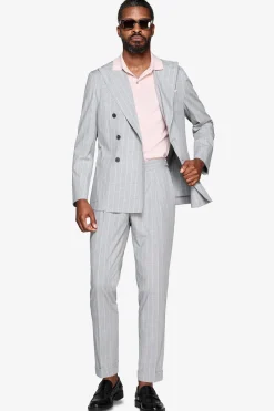 Gray double-breasted pinstripe blazer