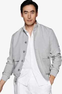 Gray stretch canvas bomber jacket