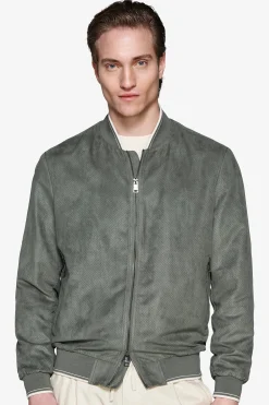 Green ecosuede perforated bomber jacket