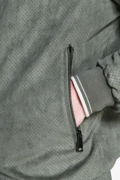 Green ecosuede perforated bomber jacket