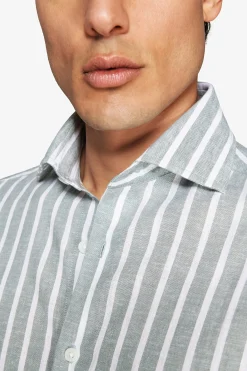 Green linen blend striped shirt