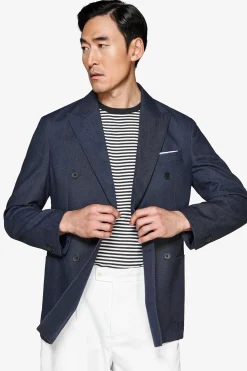 Indigo twill double-breasted blazer