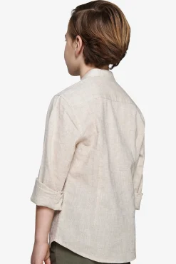 KIDS Beige linen blend mandarin collar shirt
