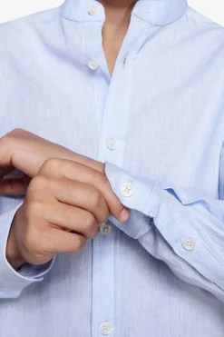 KIDS Light blue linen blend mandarin collar shirt