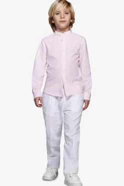 KIDS Pink striped mandarin collar linen blend shirt