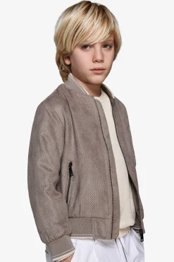 KIDS Taupe perforated ecosuede bomber jacket