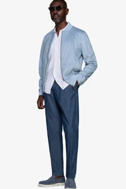 Light blue ecosuede full zip bomber jacket
