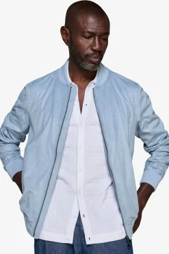 Light blue ecosuede full zip bomber jacket