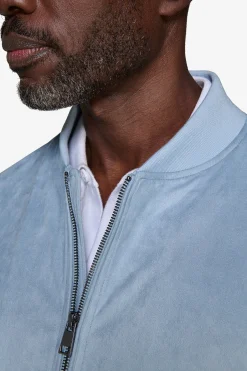 Light blue ecosuede full zip bomber jacket