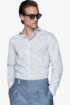 Light blue floral print linen blend shirt