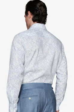 Light blue floral print linen blend shirt