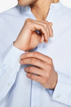 Light blue linen blend mandarin collar shirt