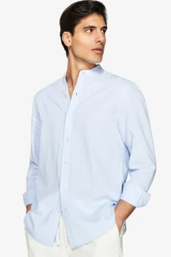 Light blue linen blend mandarin collar shirt