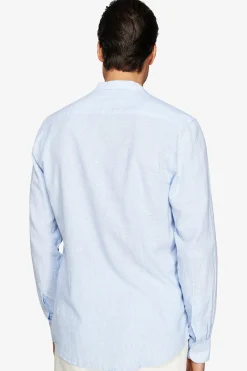 Light blue linen blend striped mandarin collar shirt