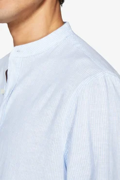Light blue linen blend striped mandarin collar shirt