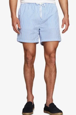 Light blue seersucker striped swim trunks