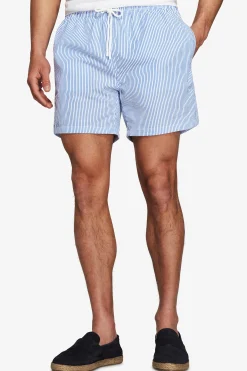 Light blue seersucker striped swim trunks