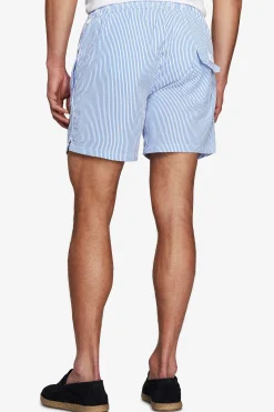 Light blue seersucker striped swim trunks
