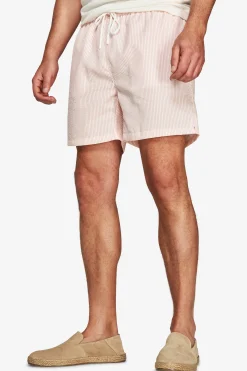 Pink striped seersucker swim trunks