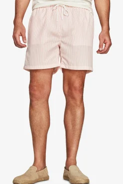 Pink striped seersucker swim trunks