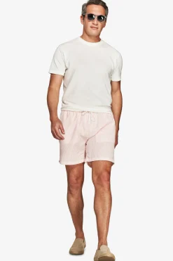 Pink striped seersucker swim trunks