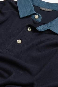 Piquet Textured Polo Shirt With Denim Collar
